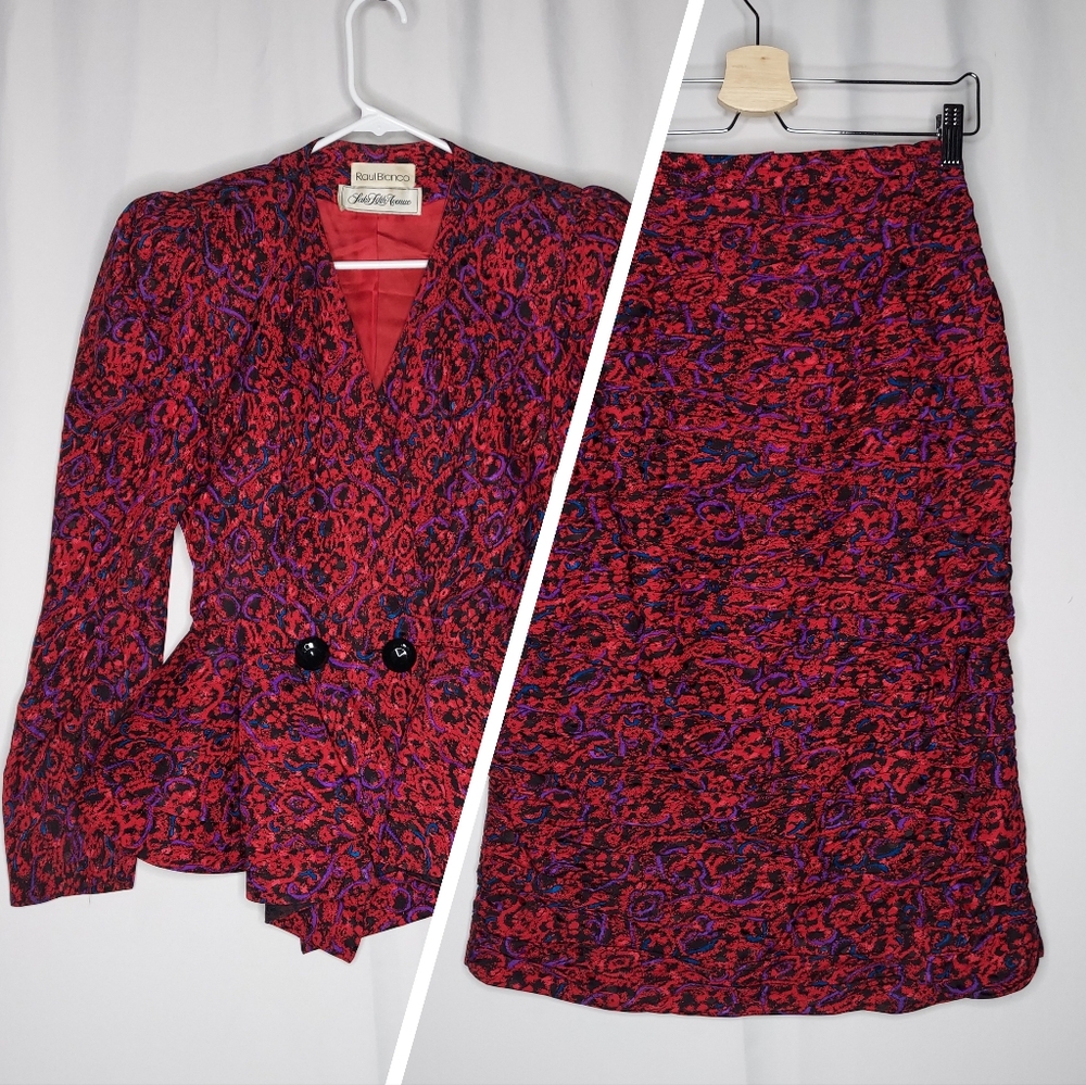 Raul Blanco Saks Fifth Avenue Skirt Suit 6 Red Silk Ruched Slit Peplum Rare 80s